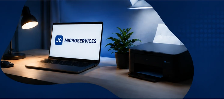 Bureau informatique JCMicroservices avec ordinateur et imprimante